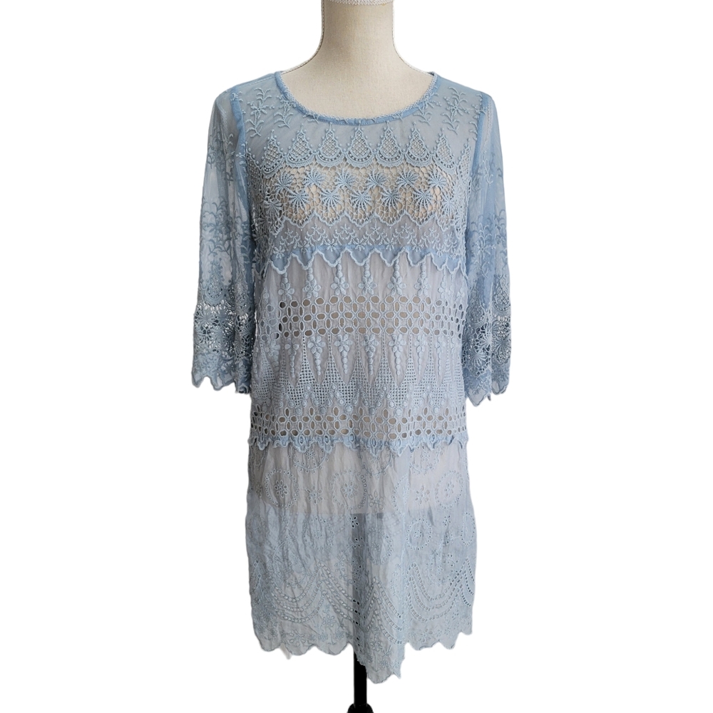 4 Love &‎ Liberty Isla Powder Blue Crochet Lace Tunic Cover-Up Blouse